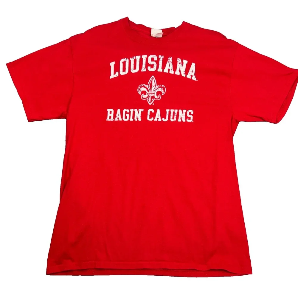 Port & Company Louisiana Ragin' Cajuns T Shirt Adult Large Red Spell Out Tee